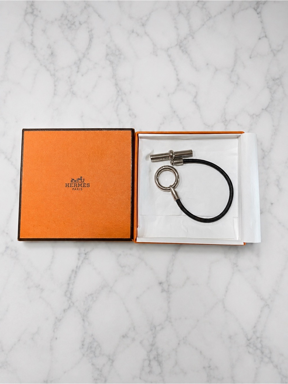 Hermes Black Leather Bracelet with Silver Palladium Hardware